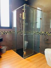 Modern bathroom with glass shower enclosure