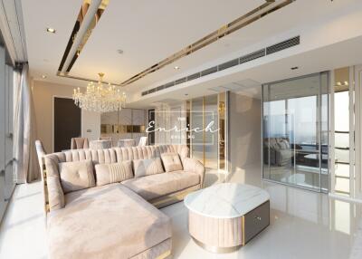Luxurious living room with modern furniture and chandelier