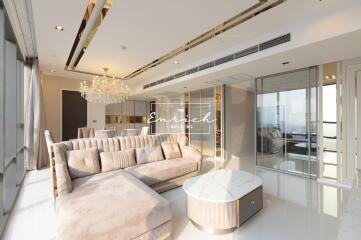 Luxurious living room with modern furniture and chandelier