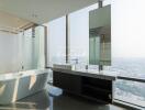 Modern bathroom with large windows and city view