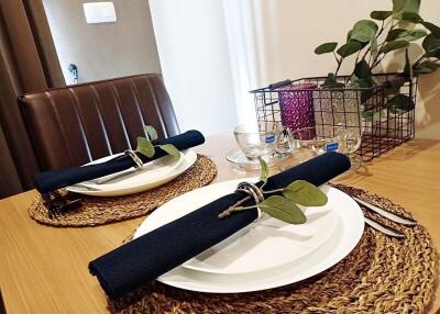 Close-up of set dining table with napkins and decorative plants