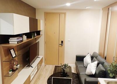 Modern living room with sofa, TV, and shelves