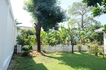 A spacious, sunny backyard with a large tree and a white picket fence, surrounded by lush greenery.