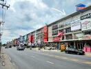 Street view of commercial buildings and shops