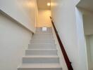 Staircase with railing and overhead lighting