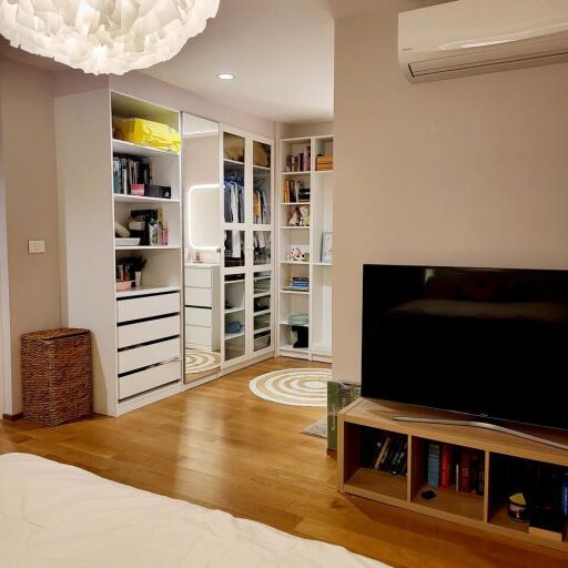 Bedroom with walk-in closet and entertainment center