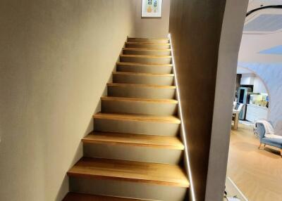 Modern staircase with wooden steps and LED lighting