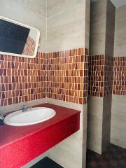 Modern bathroom with red countertop and unique tile design