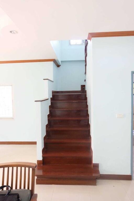 Indoor wooden staircase with light blue walls