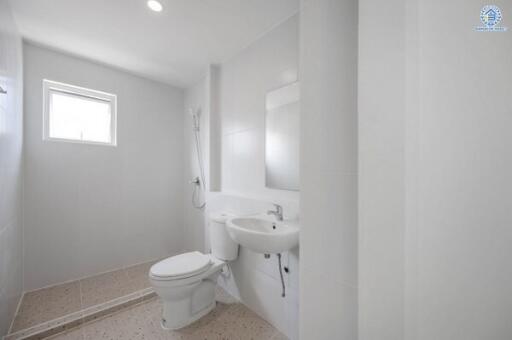 minimalistic white bathroom with a window, shower, toilet, and sink
