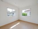 Bright and empty bedroom with large windows