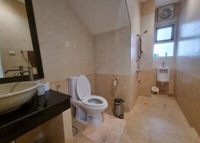 Spacious bathroom with toilet and urinal