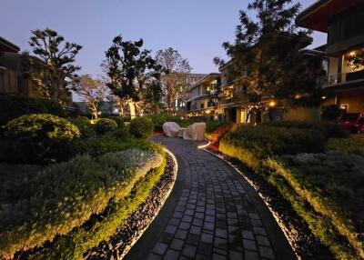 Beautifully landscaped garden with pathway and evening lighting