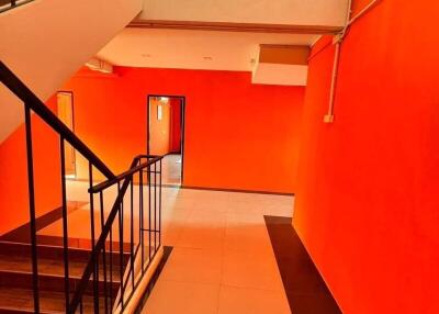 Interior view of building staircase and hallway with brightly colored walls