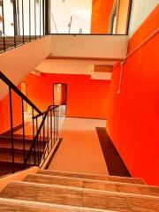 Interior view of building staircase and hallway with brightly colored walls