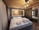 Modern bedroom with double bed, large closet, and ambient lighting