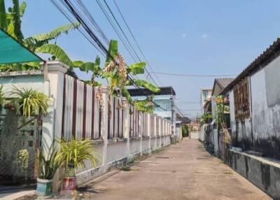 View of a narrow alleyway between residential buildings