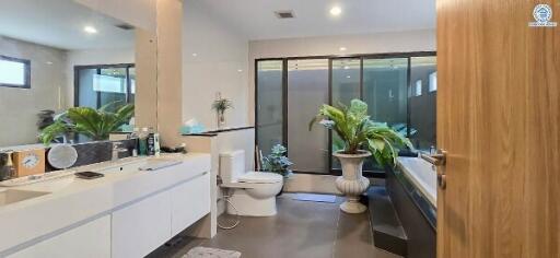 Modern bathroom with large mirror, plants, and natural light