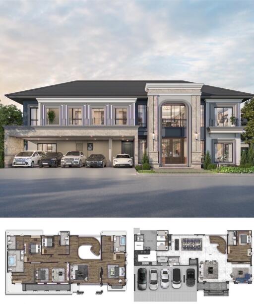 Exterior view of a luxury house with multiple parking spaces and floor plans