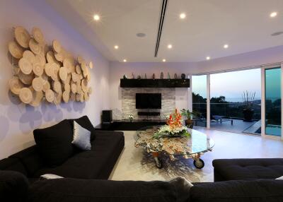 Modern living room with a scenic view and stylish decor