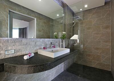 Modern bathroom with glass shower and granite countertop sink