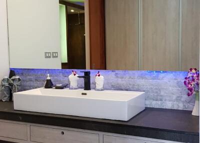 Modern bathroom with large counter and sink