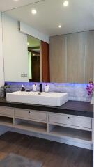 Modern bathroom with large counter and sink