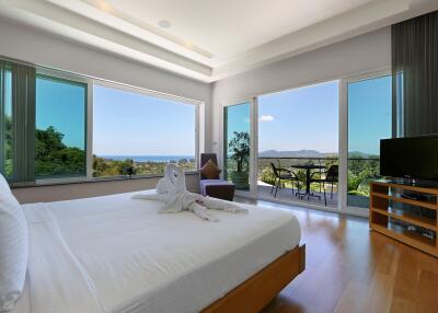 Modern bedroom with large windows and balcony view