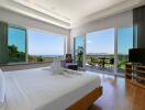 Modern bedroom with large windows and balcony view