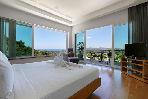 Modern bedroom with large windows and balcony view