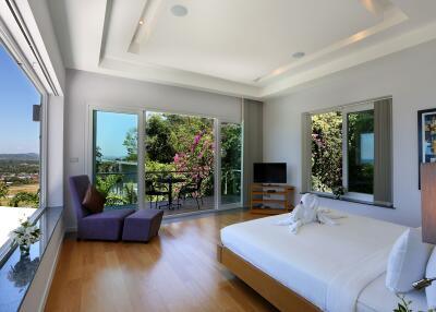spacious and modern bedroom with large windows and outdoor view