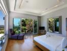 spacious and modern bedroom with large windows and outdoor view