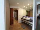 Modern bathroom with double vanity and large mirror