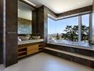 Modern bathroom with large windows and bathtub