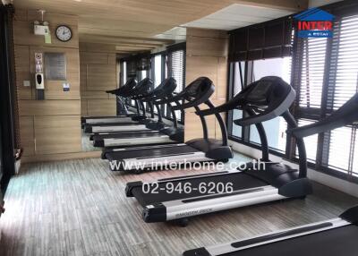 Home gym with multiple treadmills and large windows