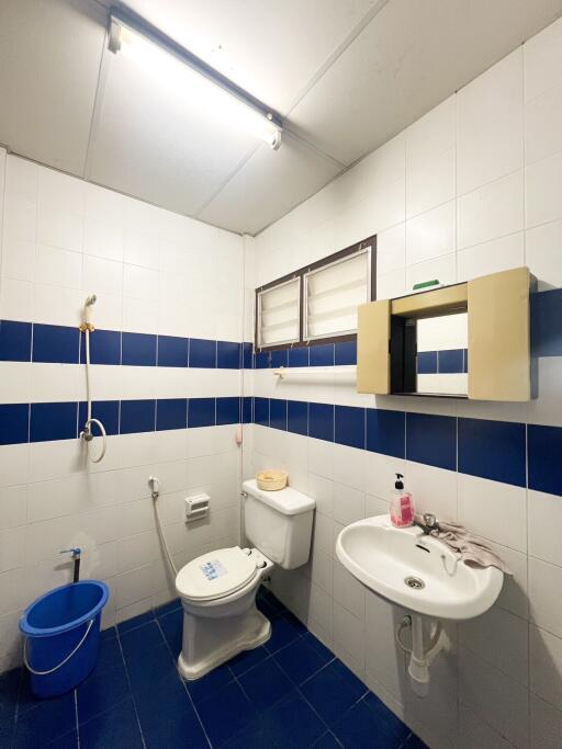 Bathroom with blue and white tiles