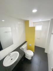 Modern bathroom with a sink, toilet, and shower area