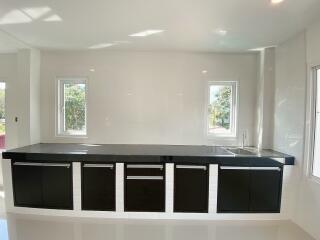 Modern kitchen with black cabinets and windows