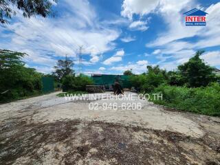 Empty lot with vegetation under a cloudy blue sky