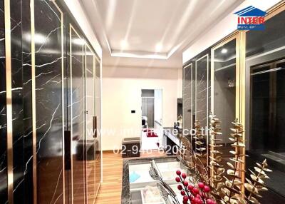 Modern hallway with decorative elements and built-in storage