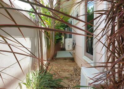 Narrow outdoor walkway with plants and air conditioning units