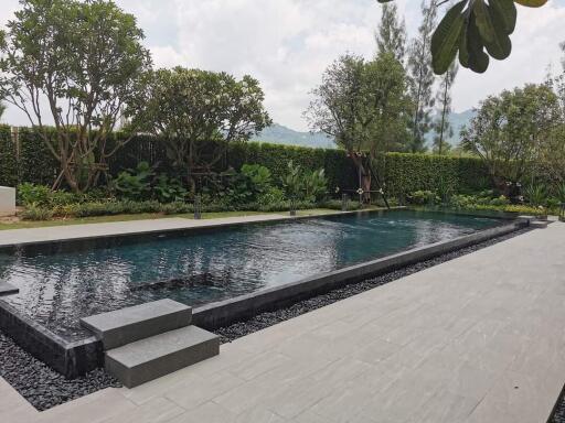 Modern outdoor swimming pool surrounded by greenery