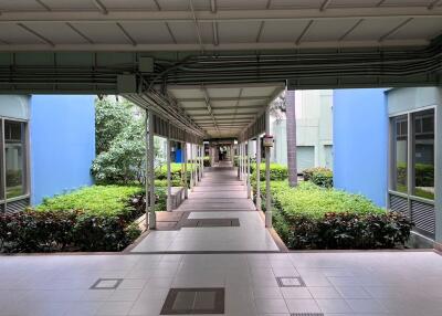 Covered walkway with surrounding greenery in a residential building
