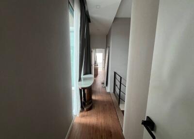 Modern hallway with wooden flooring and large windows with curtains