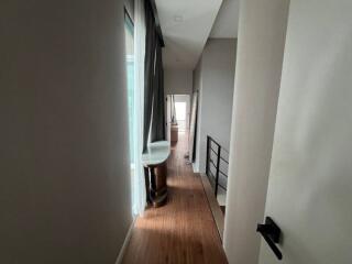 Modern hallway with wooden flooring and large windows with curtains