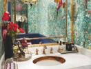 Elegant bathroom with floral wallpaper, gold fixtures, and decorative elements