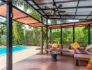 Covered patio with seating area next to a swimming pool