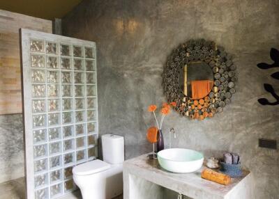 Modern bathroom with decorative mirror and glass block shower