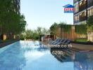 Outdoor swimming pool with lounge chairs and greenery