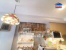 Kitchen with hanging stained glass lamp and shelves